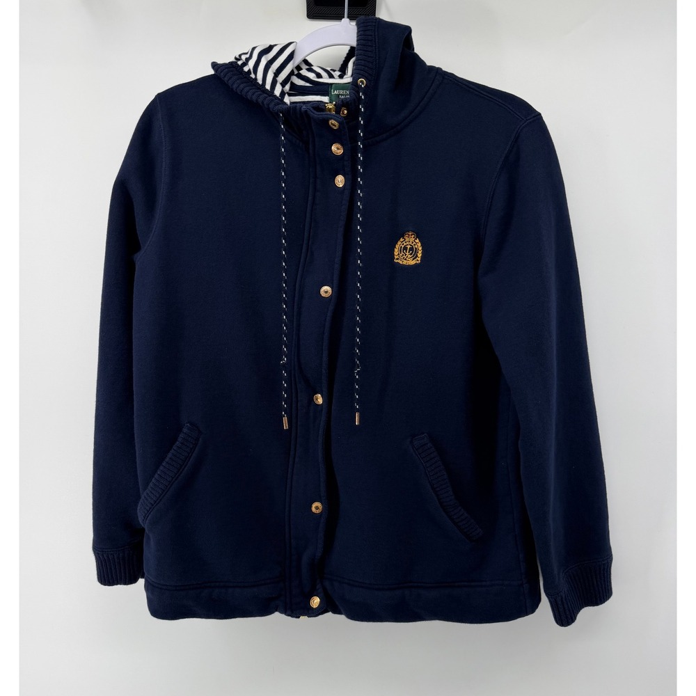 Lauren Jeans Co Ralph Lauren Navy Blue Full Zip Hoodie Striped Hood S Womens